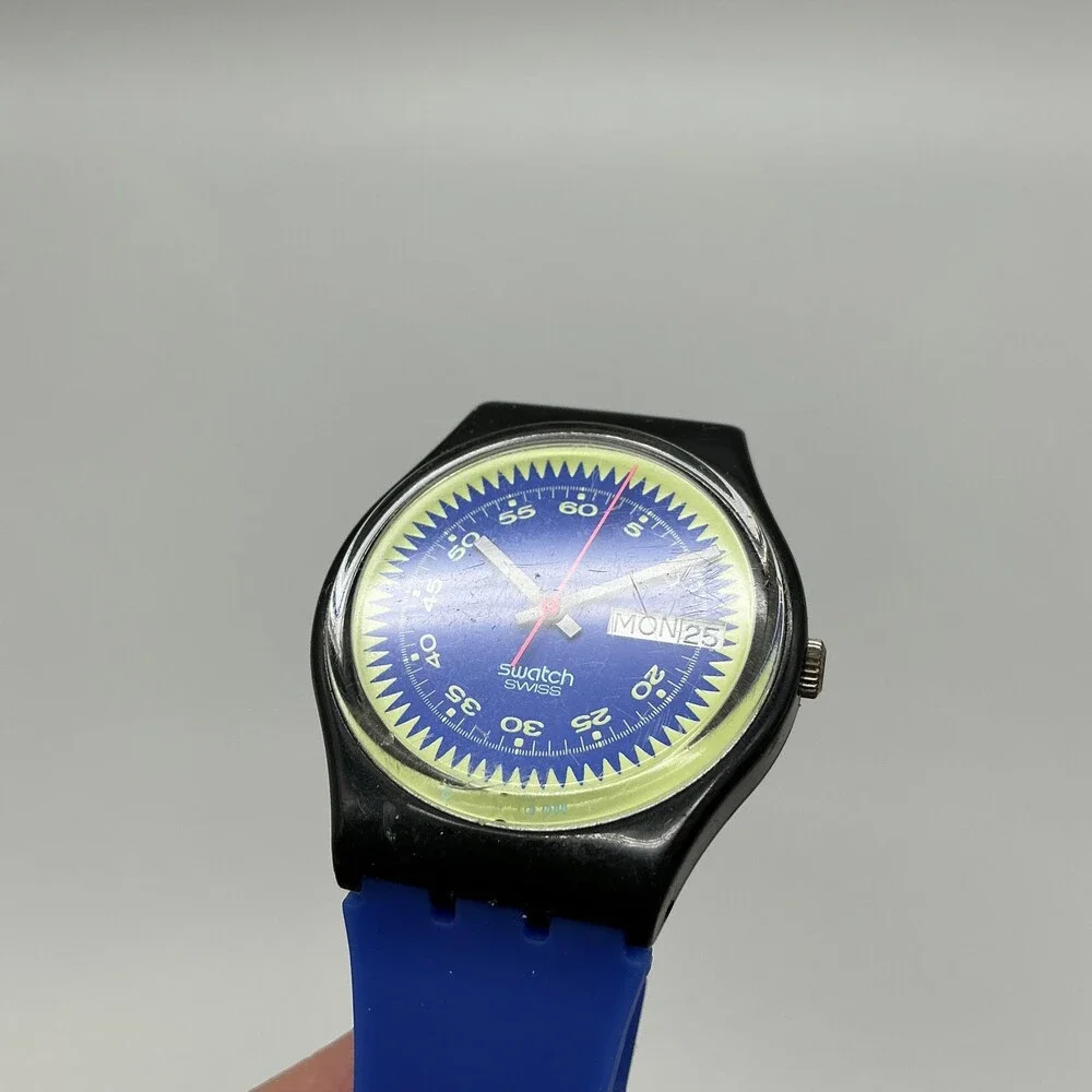 Swatch Blue Neptun Mens Watch 34mm Blue Dial Swiss Day Date New Battery